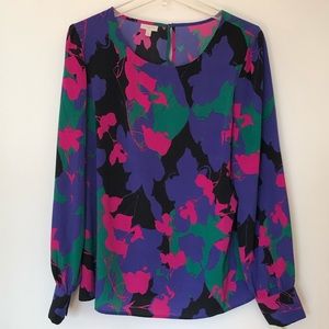 Talbots black pink purple floral print blouse